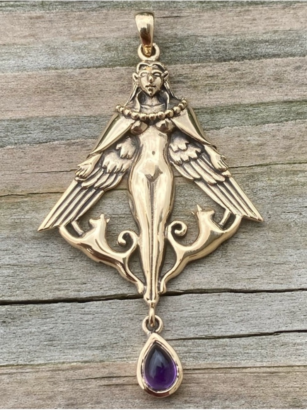 Large Freya Viking Goddess Pendant w/ cats and Amethyst teardrop gemstone